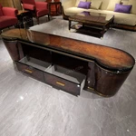 Luxury TV Stand with Curved End Panels, Natural Wood Veneer Finish and Stainless Steel Accent Details